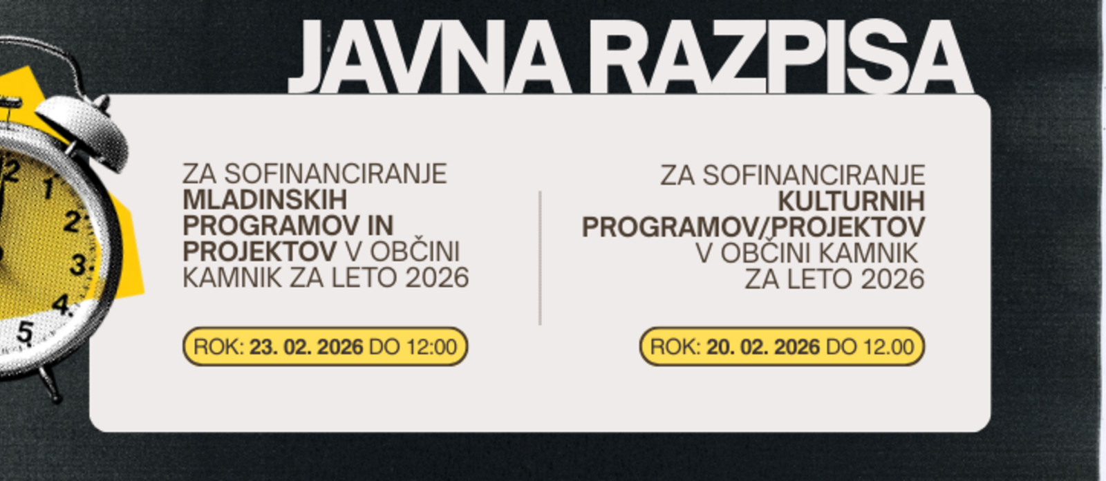 Objavljena sta dva javna razpisa za sofinanciranje programov v Občini Kamnik
